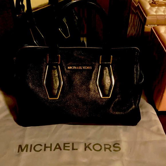 Michael Kors black leather handbag w gold trim